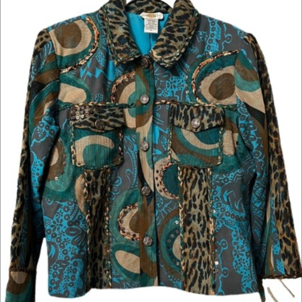 Vintage Sandy Starkman 100% Silk Jacket Patchwork Sequins Art to Wear M Coastal